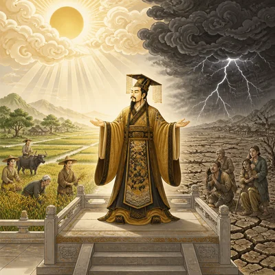Ancient Chinese ruler under the sky with peaceful fields on one side and disaster on the other.