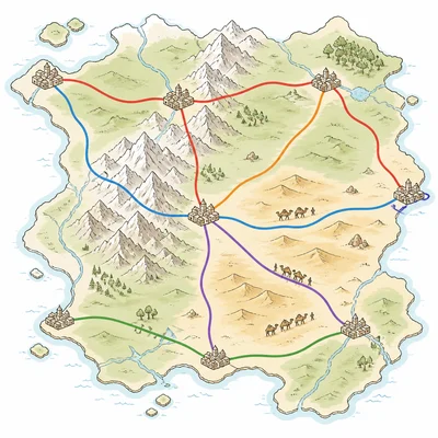 Multiple Silk Road routes crossing deserts, mountains, and towns.