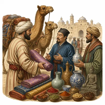 Silk Road merchants exchanging silk, spices, ceramics, and religious objects.