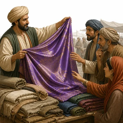 Merchant displaying valuable silk cloth to buyers in a market.