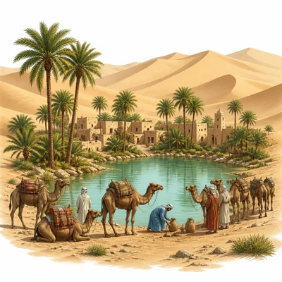 Camel caravan resting at a desert oasis town with water and palm trees.