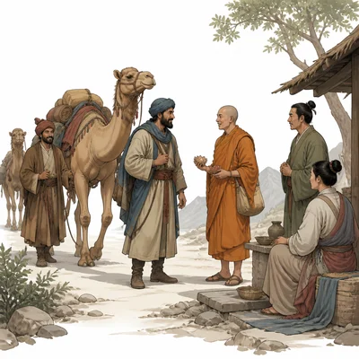 Traders and a Buddhist monk meeting along a trade route, symbolizing spread of ideas.