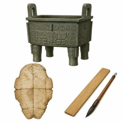 Shang bronze vessel, oracle bone, and writing tools shown as historical artifacts.