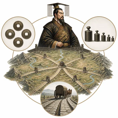 Qin emperor with roads, coins, weights, and wagon tracks symbolizing unification.