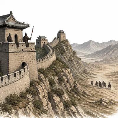 Great Wall with guards and distant riders, showing frontier defense and its limits.