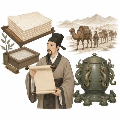 Han achievements represented by paper, a scholar, a bronze seismograph, and a caravan.