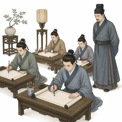 Ancient Chinese scholars taking a civil service exam under an official’s supervision.