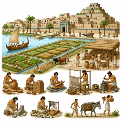 Ancient city with farms, buildings, and people doing specialized jobs.