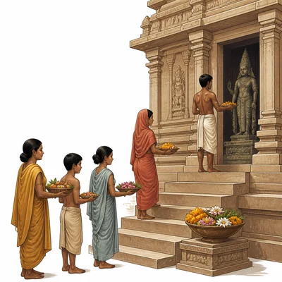 People making offerings at an ancient temple as part of daily life.
