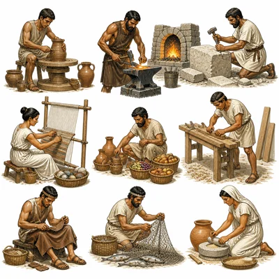 Ancient workers doing different specialized jobs in a town.
