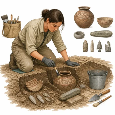 Archaeologist uncovering pottery and tools at an excavation site.