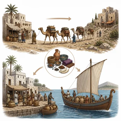Ancient trade by caravan and boat between settlements.