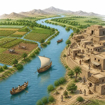 River supporting farms, boats, and an ancient settlement.