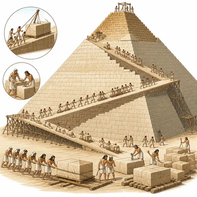Ancient Egyptian pyramid being built with ramps and stone blocks.