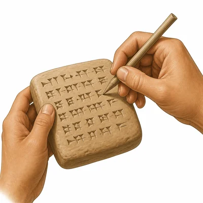 Hands using a stylus to make wedge marks in a clay tablet.