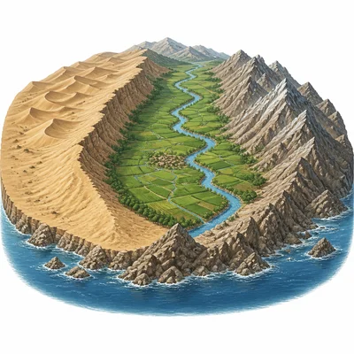 River valley protected by deserts, water, and rough terrain.