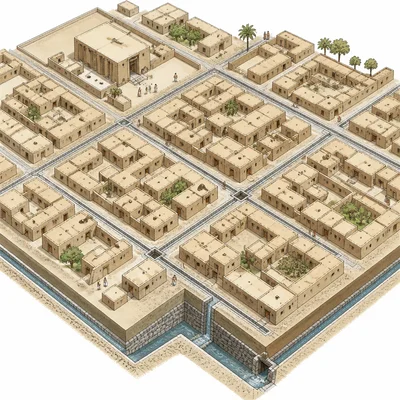 Overhead view of an ancient city with grid streets and drainage.