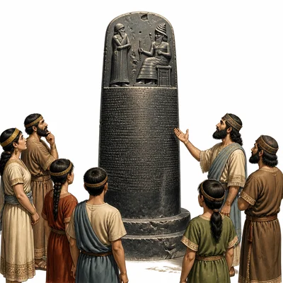 Ancient stone law monument with people gathered around it.