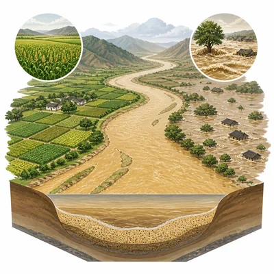 Yellow River scene showing fertile farms and flooding danger.