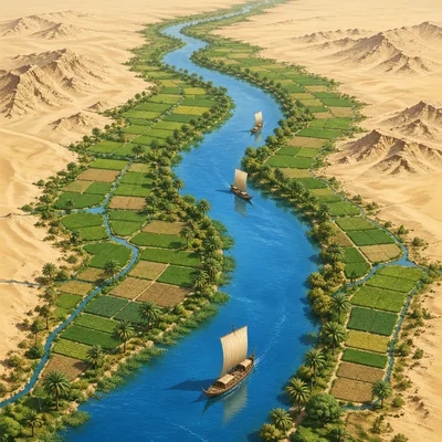 The Nile River flowing through green farmland surrounded by desert.