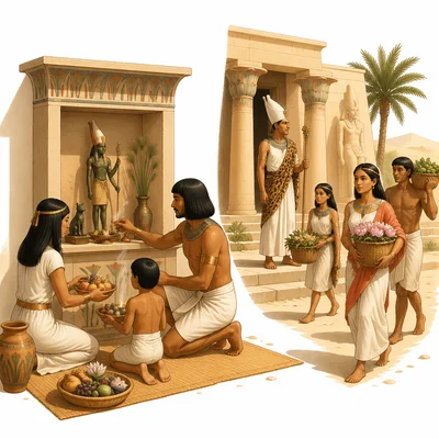 Ancient Egyptians making offerings at a shrine and temple in daily life.