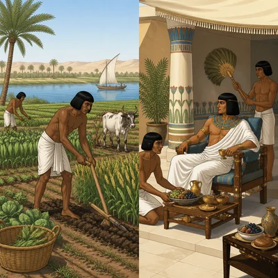 A comparison of an Egyptian farmer working and a noble living comfortably.