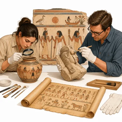 Historians studying artifacts, tomb art, and papyrus records from Ancient Egypt.