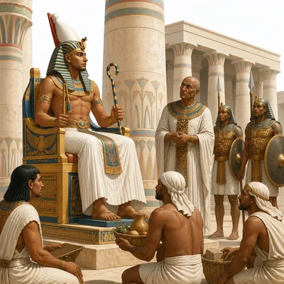 A pharaoh on a throne surrounded by officials, soldiers, and workers.