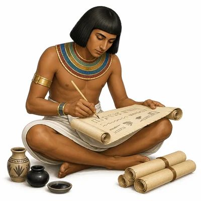 An Ancient Egyptian scribe writing on papyrus with a reed pen.