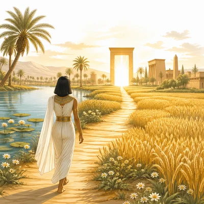 A peaceful Ancient Egyptian afterlife scene with fields, river, and sunlight.