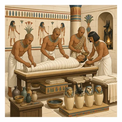 Priests respectfully wrapping a mummy with linen in a tomb setting.