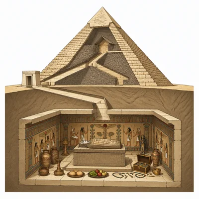 A cutaway view of a pyramid tomb with a sarcophagus and offerings.