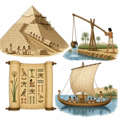 Ancient Egyptian achievements including pyramids, irrigation, papyrus, and boats.