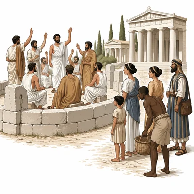 Athenian male citizens participate in government while excluded groups stand outside the civic area.