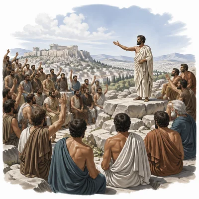 Citizens gather outdoors in Athens to listen to a speaker and vote in the Assembly.