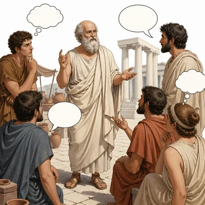 Socrates discusses ideas with students in an ancient Greek marketplace.