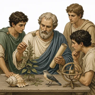 Aristotle studies plants, animals, and the natural world with students.