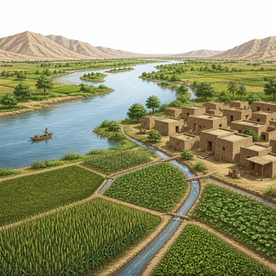 Ancient river valley with farms, irrigation channels, a boat, and homes near a river.