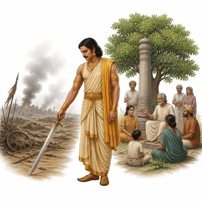 A ruler turns away from battle toward peaceful leadership after war.