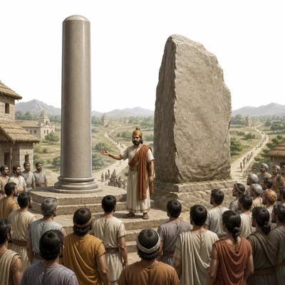 People gather around stone pillars and rocks used to communicate royal messages.