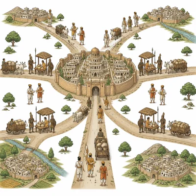 Roads connect a capital city to towns, with officials, guards, and carts moving goods.