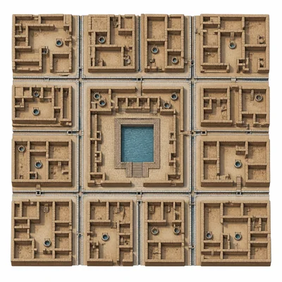 Overhead diagram of a planned ancient city with grid streets, brick buildings, water features, and drains.