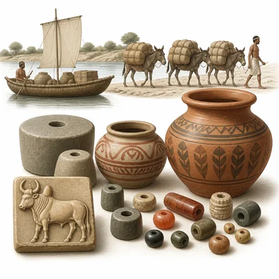 Indus trade artifacts with weights, a seal, beads, pottery, a boat, and a caravan.