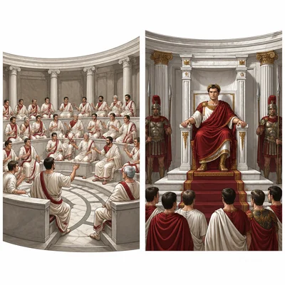 Split image comparing Roman senators debating with an emperor holding central authority.