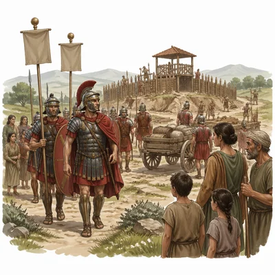 Roman soldiers expanding into a new region with supplies, a fort, and local civilians.