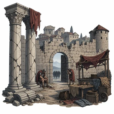 Cracked Roman columns and weakened city defenses suggesting decline.