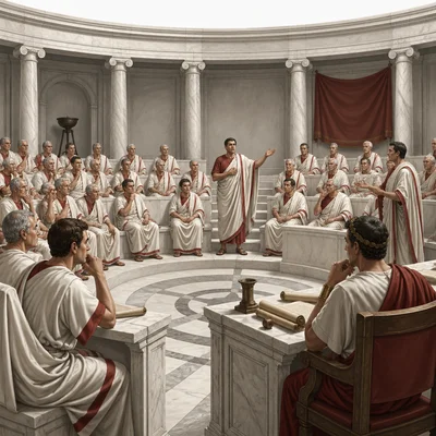 Roman senators seated in a curved chamber debating government matters.