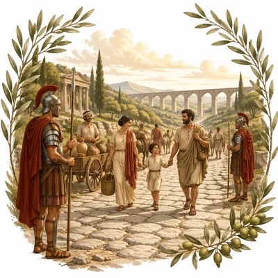Peaceful Roman road with merchants, travelers, soldiers, and an aqueduct.