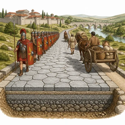 Roman road carrying soldiers and merchants between towns.