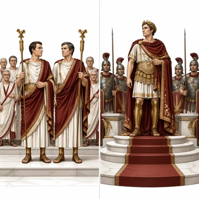 Two consuls sharing authority contrasted with one emperor holding central power.